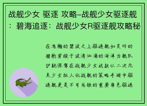 战舰少女 驱逐 攻略-战舰少女驱逐舰：碧海追逐：战舰少女R驱逐舰攻略秘籍